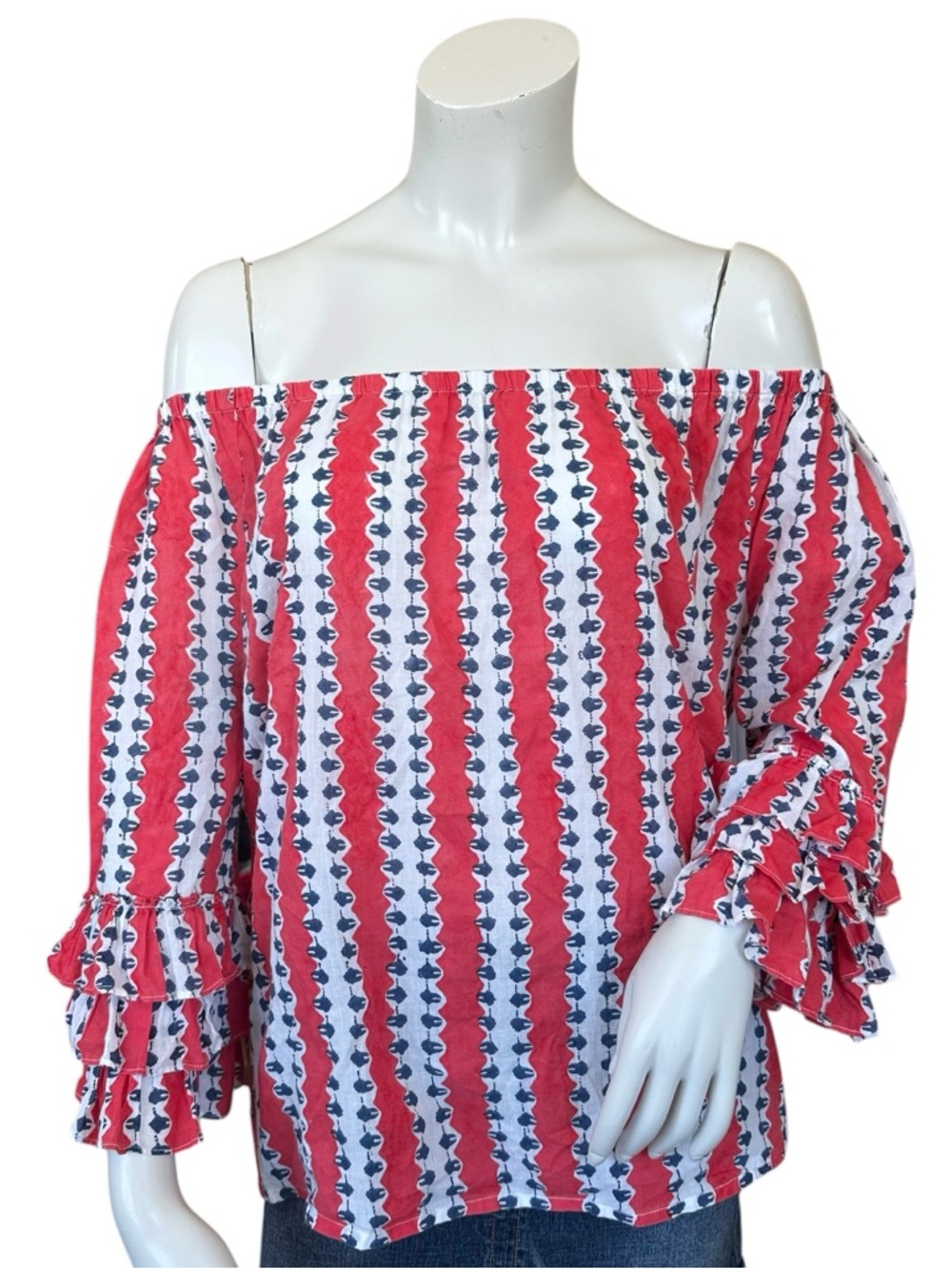 Roller Rabbit Red White Blue Off Shoulder Ruffled 3/4 Sleeve Cotton Blouse XS